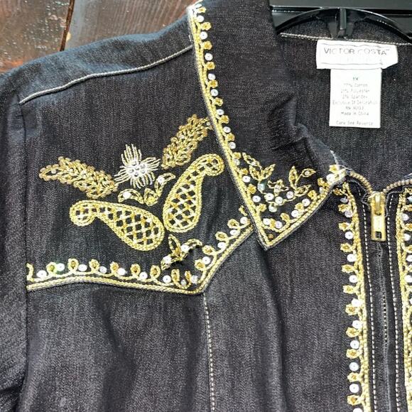 Vintage Victor Costa denim jacket embellished gold thread shiny sequins beads - Picture 7 of 10